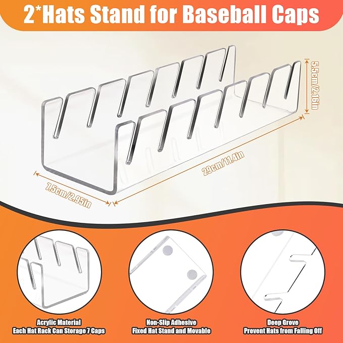 Hat Stand for Baseball Caps, 2 Pack No Install Acrylic Hat Organizer for 14 Baseball Caps Storage Organizer, Hat Racks Hat Holder Display and Organization for Closet, Bedroom, Dresser (Clear-2Pack)-NeatNest