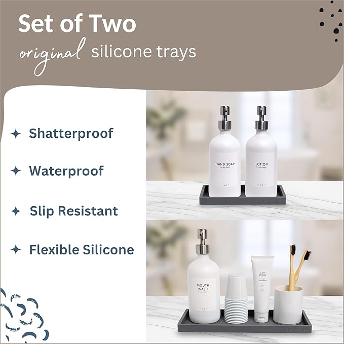 Countertop and Vanity Tray - 2 PC (11” and 7”) Shatterproof Silicone Kitchen and Bathroom Trays for Counter, Kitchen Soap Dispenser Tray, Vanity Trays for Bathroom, Perfume Key Tray-NeatNest