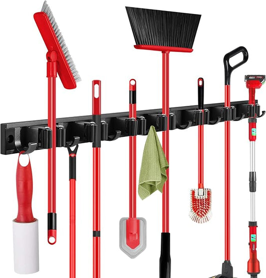 SLIIMU Movable 30'' Broom and Mop Holder Wall Mount with Sliding 7 Racks 8 Hooks, Storage Organizer Wall Hanger, Cleaning Tool Hanging Grippers for Kitchen Bathroom Garden Garage Laundry Home Closet-NeatNest