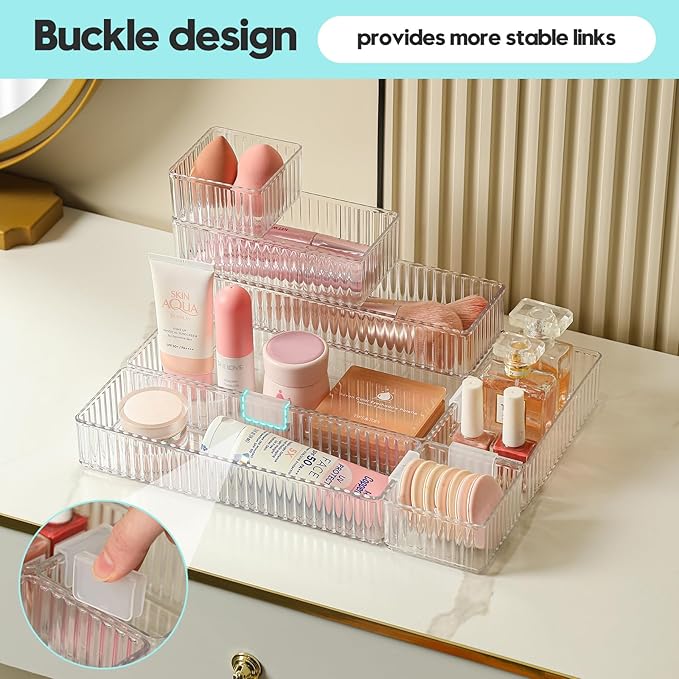 Clear Drawer Organizer Bins 7 pc Set, 4-Size Stackable Trays for Makeup Vanity Drawers, Bathroom Drawer Organizer Storage Containers for Cosmetic, Office Supplies-NeatNest
