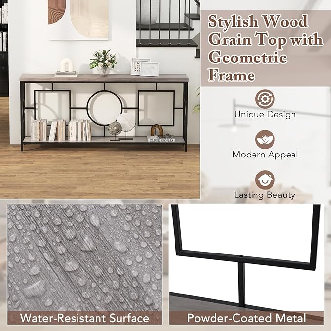 Giantex 71" Console Table, 2-Tier Extra-Long Entryway Table w/Storage Shelf, Faux Wood Top, Narrow Sofa Table with Geometric Frame, Behind Couch Entry Table for Living Room, Hallway, Foyer-NeatNest