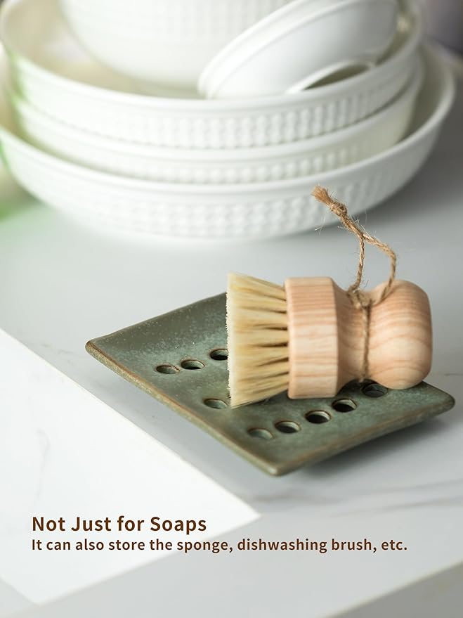 Ceramic Soap Dish with Self Drain for Shower, Bar Soap Holder to Lift and Keep Dry, Concave Design to Prevent Slipping, Suitable for Kitchen and Bathroom, Green-NeatNest