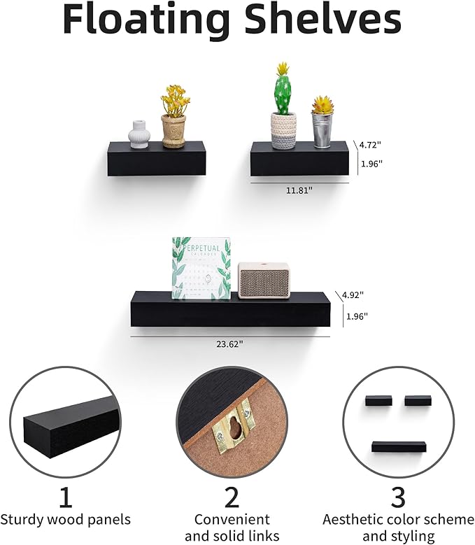 Floating Wall Shelves Set of 3 – MDF Wood Wall Mounted Shelf for Living Room, Bedroom, Bathroom, Office – Decorative Storage Racks for Plants, Photos, Books (Black, Large Set)