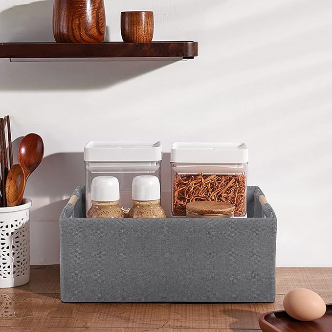 ANMINY 4PCS Storage Baskets for Organizing Collapsible Fabric Storage Bins Boxes with Wood Handles Closet Shelves Cube Organizer Bins Clothes Laundry Storage Container - Medium, Gray-NeatNest