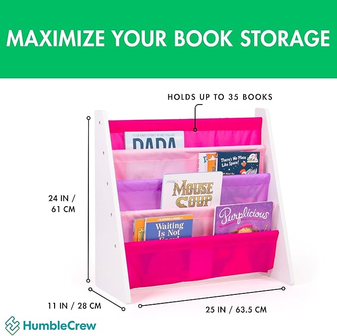 Humble Crew 4-Tier Kids Bookshelf, White Wood/Pink/Purple - Premium Book Shelf for Kids Rooms with Four Deep Pockets - Toddler Sling Book Rack with Deep Sleeves, Nursery Bookcase Organizer