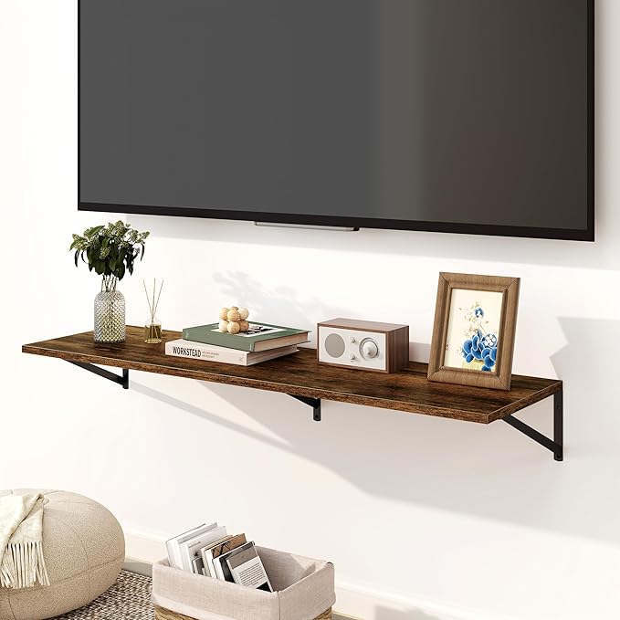 Fun Memories Floating Shelves for Wall, 12 Inch Deep Floating Shelves Set of 2, 48W x 12D Large Wall Shelf with Sturdy Metal Brackets for Living Room, Bathroom, Bedroom and Kitchen, Rustic Brown-NeatNest