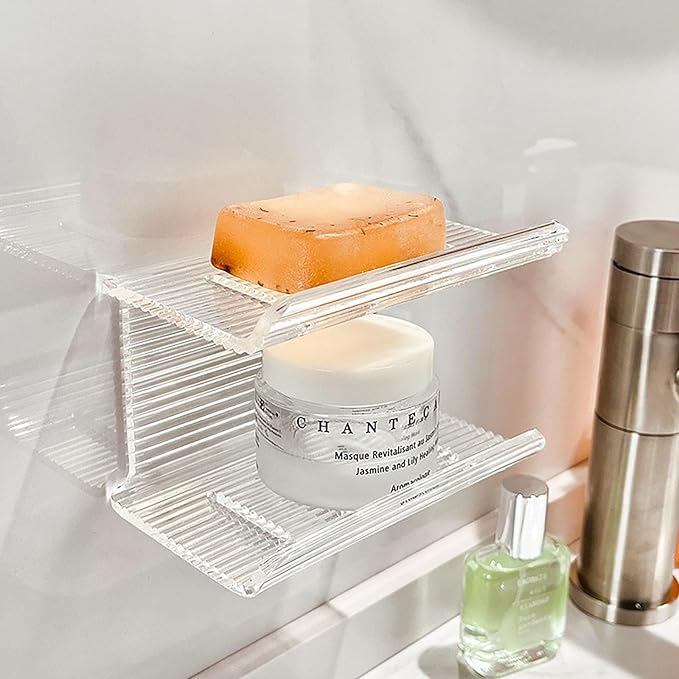 Double Layer Soap Holder, Wall Mounted NO-Drilling Self Draining Soap Dish with Rabbit Ornament, High Transparency Acrylic Bar Soap Sponge Holder for Shower, Bathroom, Bathtub, Kitchen Sink (Stripe)-NeatNest