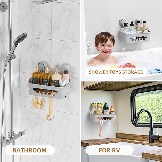 LEVERLOC Shower Caddy Suction Cup, Shower Organizer Removable Bathroom Shelf, Storage Suction Powerful Max Hold 22lbs Bathroom Caddy Waterproof Holder, Gray-NeatNest
