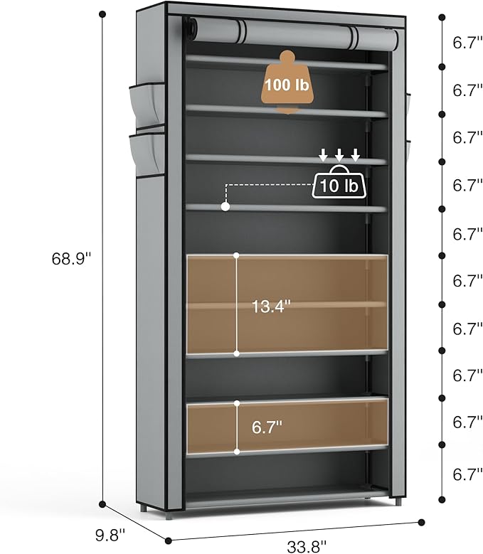 ROJASOP Shoe Rack with Covers, Stackable 10 Tier Tall Shoe Shelf Storage 50-55 Pairs Shoes and Boots Large Capacity Vertical Shoe Rack Organizer for Closet Entryway Garage Bedroom, Grey-NeatNest