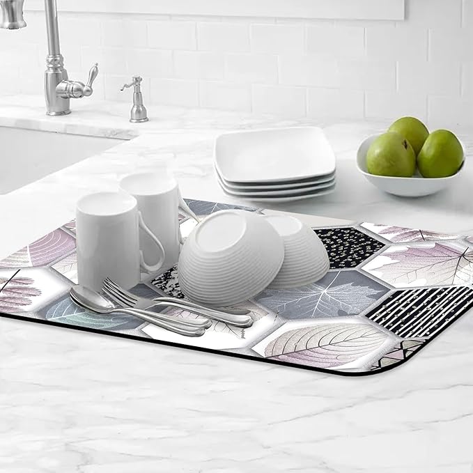 Hexagonal Printed Marble Dish Drying Mats Super Absorbent Dish Drainer Rack Pad Non-Slip Drying Mat for Kitchen Counter, 24"x16"