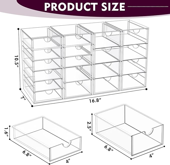 Acrylic Makeup Organizer with 19 Drawers, 4 Pack Clear Storage Drawers, Bathroom Makeup Organizer for Palettes, Cosmetic, and Beauty Supplies,Ideal for Vanity, Cabinet,Desk Organization-NeatNest