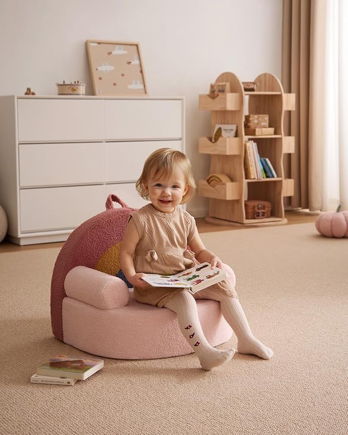 Blissful Diary Toddler Chair Comfy, Foam Kids Chair with Soft Teddy Plush, Toddler Reading Chair with Cute Arclet Designs- Blush Pink-NeatNest
