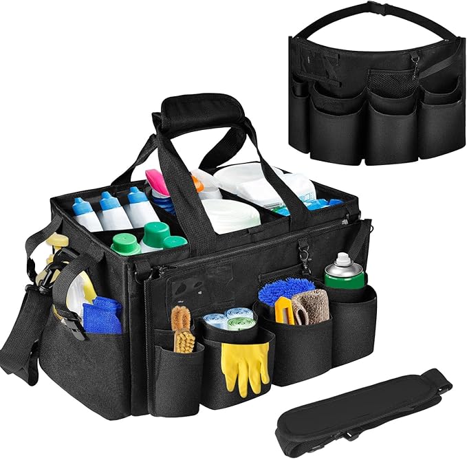 Boczif Cleaning Caddy Bag Wearable, Cleaning Caddy Supplies Organizer with Handle, Shoulder Straps & Detachable Divide, Cleaning Tool Organizers Tote Bag for Cleaners & Housekeepers（Black）-NeatNest