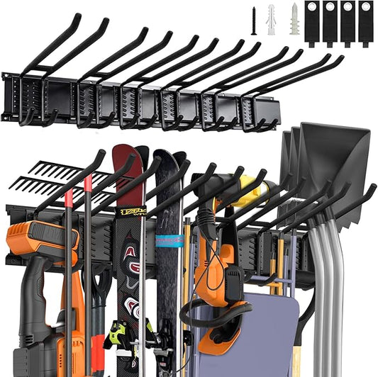 Garden Tool Organizer Wall Mount 48 Inches Max Load 660lbs Garage Storage and Organization, Adjustable with 6 Garage Hooks and 4 Cable Ties, Yard Shed and Power Tool Organizer Rack