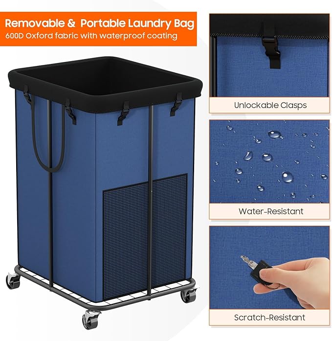 150L Laundry Hamper with Wheels, Rolling Laundry Basket with Metal Frame and Removable Bag, Large & Tall Dirty Clothes Hampers for Bedroom Aesthetic, Laundry Room, Bathroom, Dorm-Blue