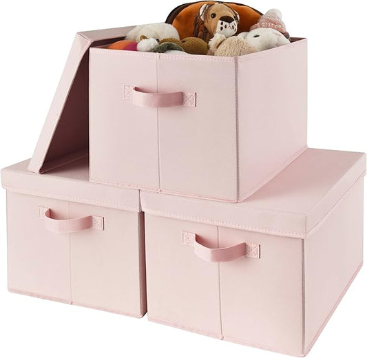 GRANNY SAYS Storage Bins Fabric, Large Storage Bins with Lids, Collapsible Storage Box Closet Shelf, Decorative Storage Baskets for Organizing Bedroom Dorm Nursery, Pink, 3-Pack-NeatNest