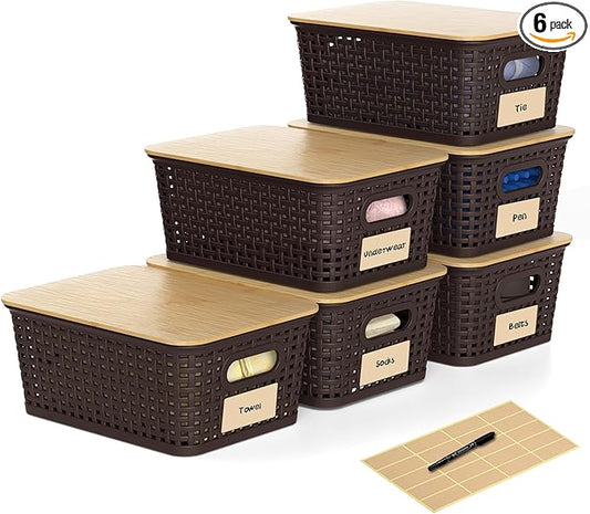 6 Pieces Brown Plastic Storage Baskets with Bamboo Lids with Labels Stackable Storage Containers for Organizing Shelves Drawers Desktop Closets Playroom Classroom Office