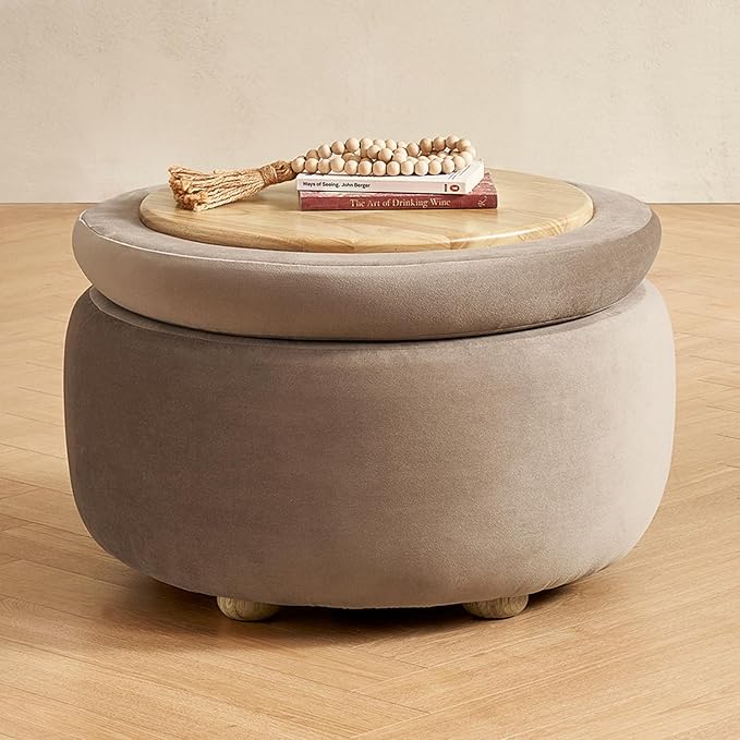 mopio Luna Round Ottoman with Storage and Tray, Round Coffee Table with Storage, Upholstered Foot Stools Ottoman for Living Room, Bedroom, with Solid Rubberwood Legs (Mocha Brown Premium Velvet)