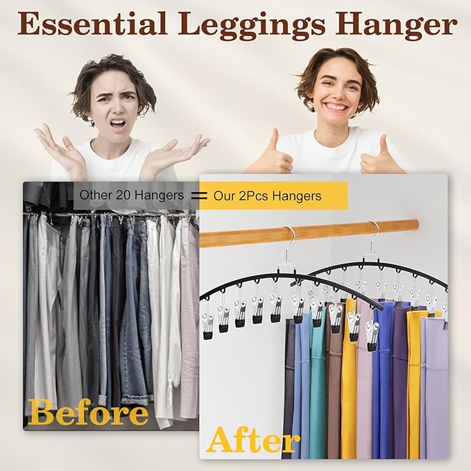 2 Pack Legging Organizer for Closet 360° Swivel, Metal Gym Clothes Organizer w/20 Clips Holds 20 Leggings, Hangers Space Saving, Closet Organizers and Storage, Dorm Room Organization Essentials, Black-NeatNest