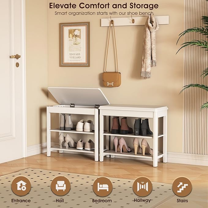 Shoe Rack Bench Seat Rubberwood 2-Tier Wooden Storage Bench 550lbs Compact Mid-Century Modern Design for Entryway, Hallway, Closet, Front Door Entrance, Foyer-NeatNest