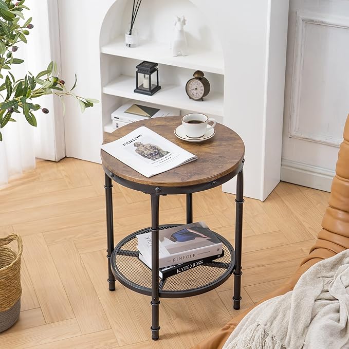VINGLI 20" Side Table, Round End Tables Living Room, Industrial Small End Table with Metal Mesh, Rustic Farmhouse Side Tables for Bedroom, Office, Corner, Walnut
