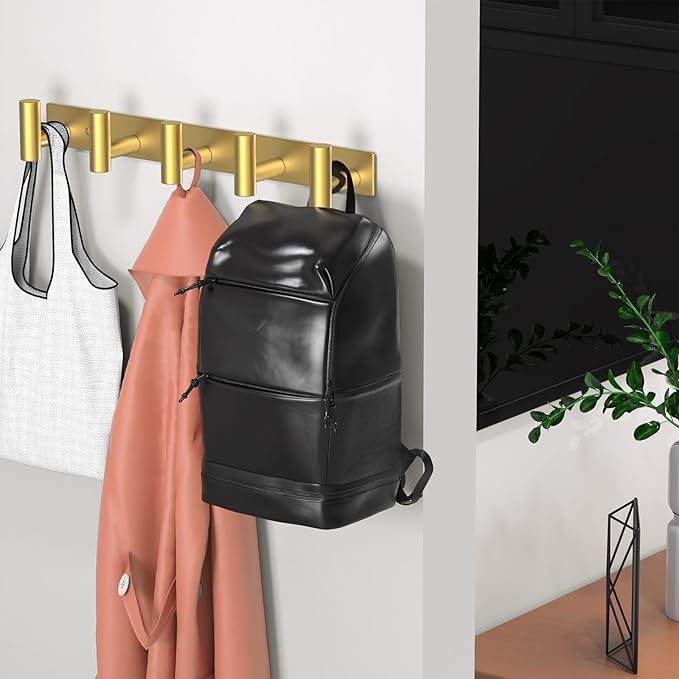 Wall Mounted Coat Rack-5 Hooks, Heavy Duty Stainless Steel Hook Rail for Towel Coat Hat Purse Bag Jacket, Towel Hooks for Entryway Bathroom Kitchen (Gold 5 Hooks - 1 Pack)-NeatNest