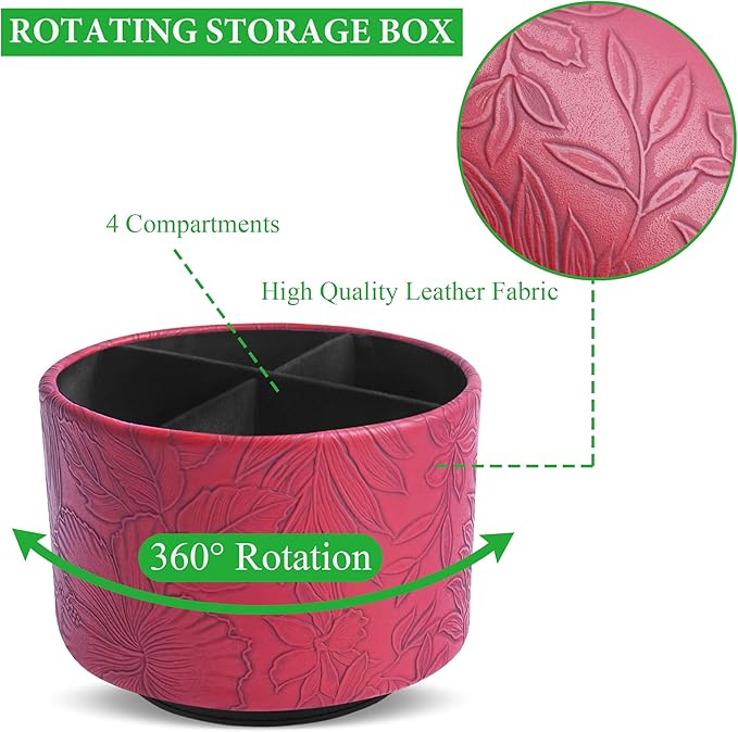 Hennaja Round Leather Art Supply Organizer,Remote Control Holder,360 Degree Spinning,Multi-Functional Pencil Holder,4 Compartments Desktop Stationary Organizer(1-Carved Red)-NeatNest
