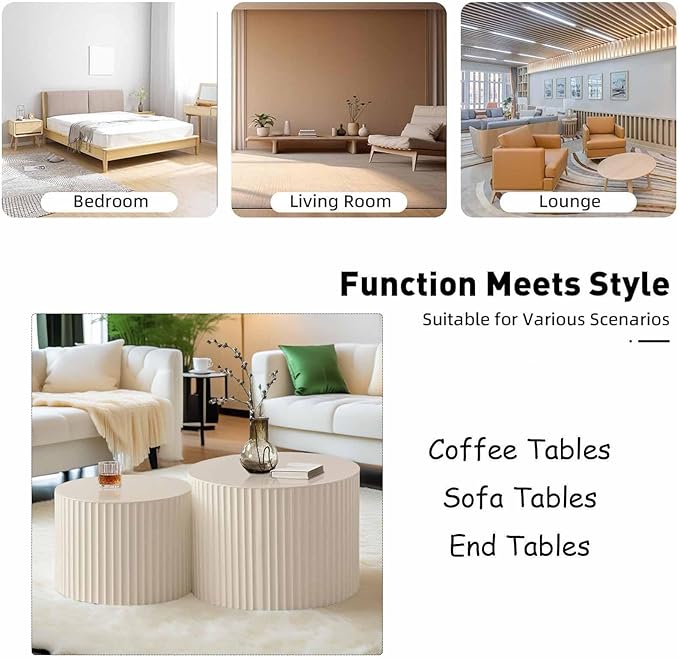 Modern Round Wooden Nesting Coffee Table Set of 2 Circle Tables with Non-Slip Feet, Accent Side End Table, Saving Space Design and No Need Assembly (HLARGE)