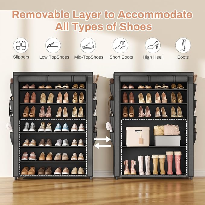 VTRIN Shoe Rack with Cover, 7 Tier Shoe Organizer Storage for 35-40 Pairs Shoes and Boots Large Capacity Tall Shoe Shelf with 8 Pockets Free Standing Shoe Rack for Closet, Entryway, Garage-NeatNest