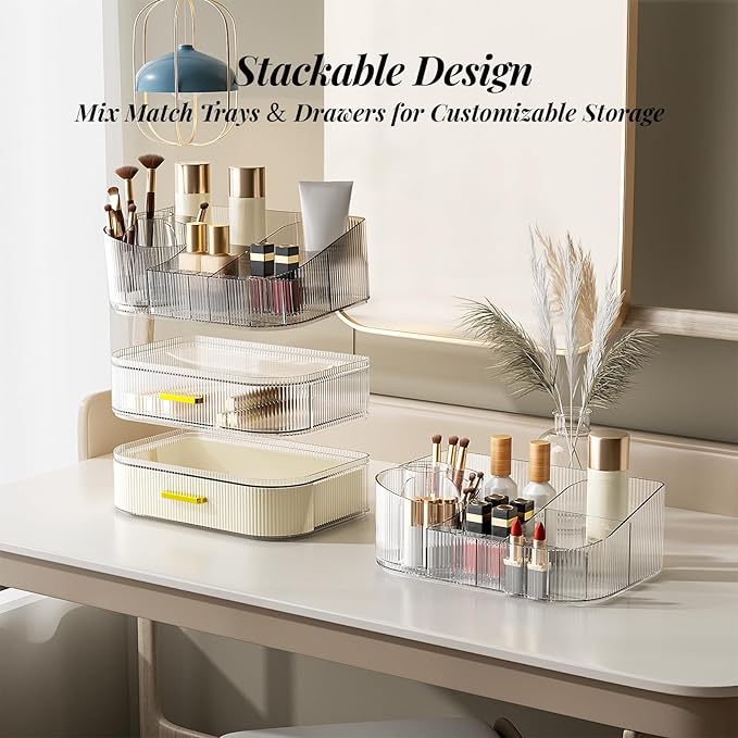 Delamu Makeup Organizer for Vanity with Stackable Drawers, 360 Rotating Makeup Brush Holder Large Cosmetic Display Case for Dresser, Bathroom Countertop Skincare Organizers and Storage, Crystal Black