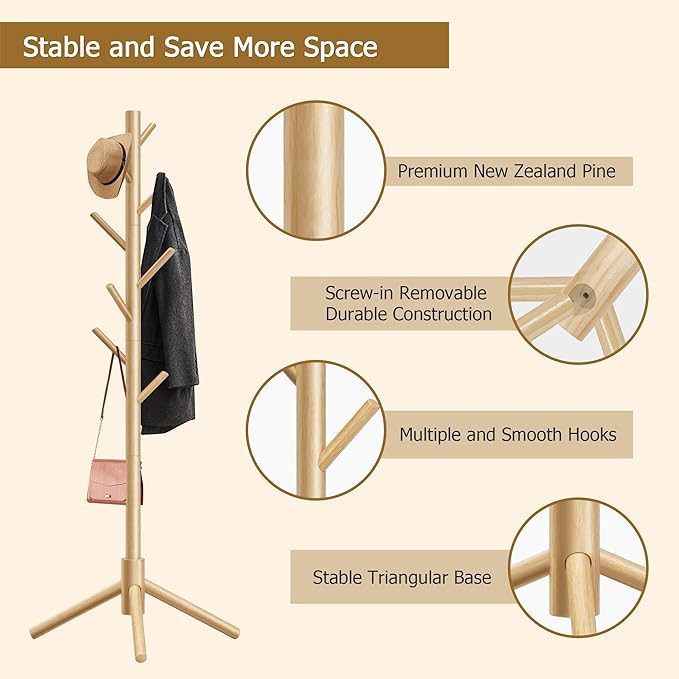 Wooden Coat Rack, Free Standing Coat Rack with 8 Hooks 3 Adjustable Heights for Clothes, Hats, Handbags, Coat Tree Easy Assembly for Entryway, Bedroom, Hallway, Office (New Nature)-NeatNest