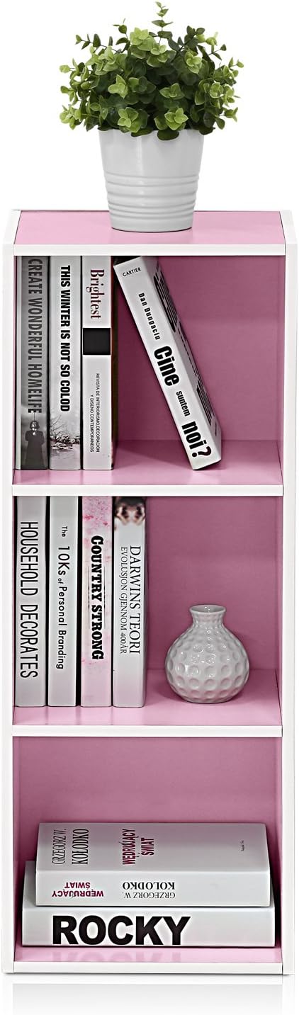 Furinno 3-Tier Open Shelf Bookcase, White/Pink 11003WH/PI-NeatNest