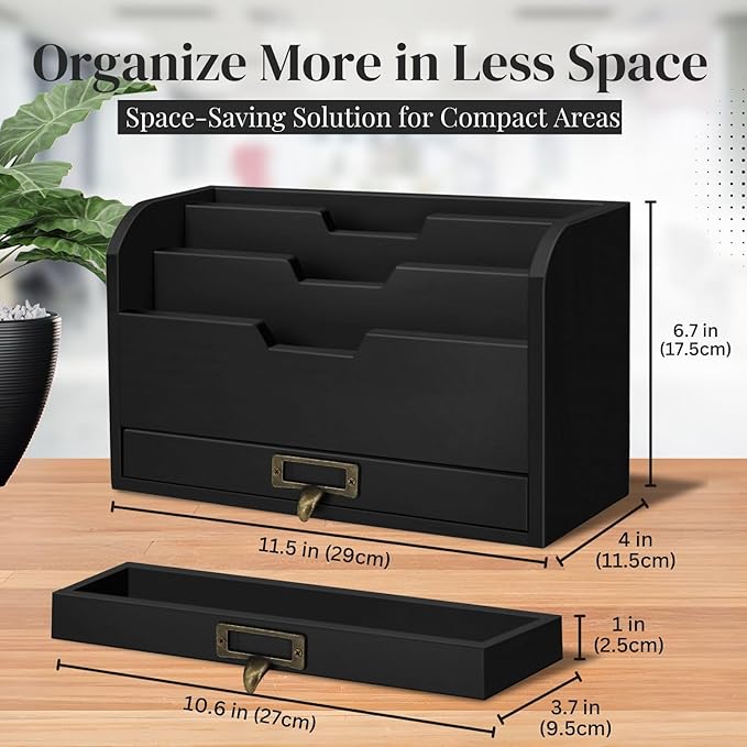 Flexzion 3 Tier Wooden Desk Organizer - Country Rustic Mail Organizer Countertop Compartments Slot File Tray Pencil Sorter Shelf Holder Accessories Set with Storage Drawer for Home Office, Light Brown-NeatNest