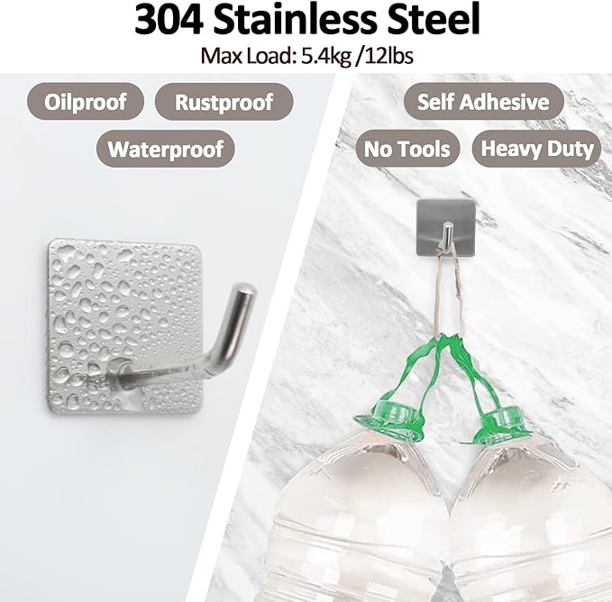 4PCS Adhesive Sticky Wall Hooks Heavy Duty, Long Stainless Steel Towel Hooks for Hanging Kitchen Bathroom Home, Waterproof Hook Wall Hanger Holder for Key Hat Coat Bag (Silver)