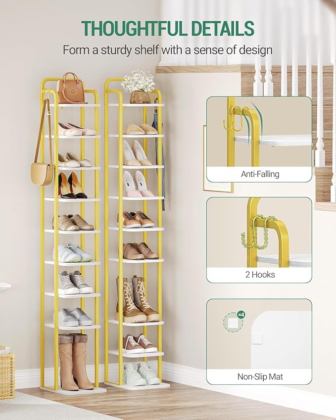 10 Tiers Vertical Shoe Rack, Narrow Shoe Tower, Tall Shoes Shelf with 2 Hooks, Adjustable Shelves, Corner Shoes Shelves for Small Spaces, Entryway, Living Room, White Gold SR11213A-NeatNest