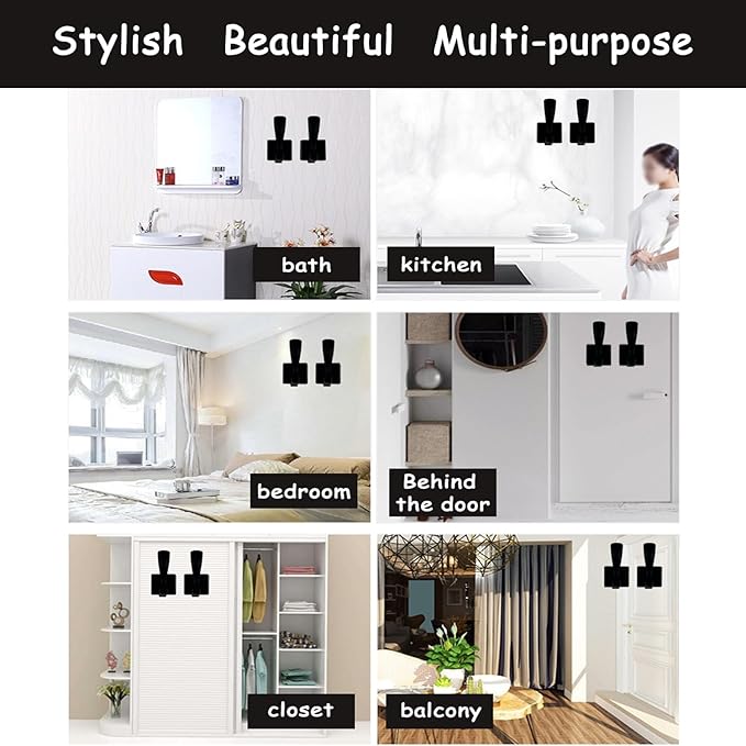 8 Pack Towel Holder for Bathroom Wall Hooks, Bath Towel Rack Shower Towel Holder, Robe Hook Heavy Duty Coat Hooks Entryway Wall Mounted for Hanging Key Robe Hat Backpack (Black)
