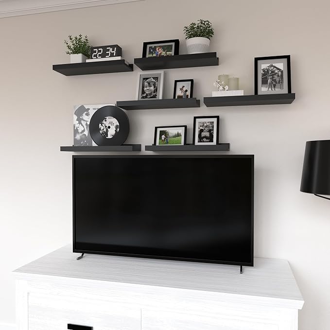 Floating Shelves Set of 6, Black Wall Shelves with Lip, Display Shelves for Wall Decor, Modern Picture Ledge for Living Room, Bedroom, Nursery, Bathroom, Pictures, Books, Plants- Black-NeatNest