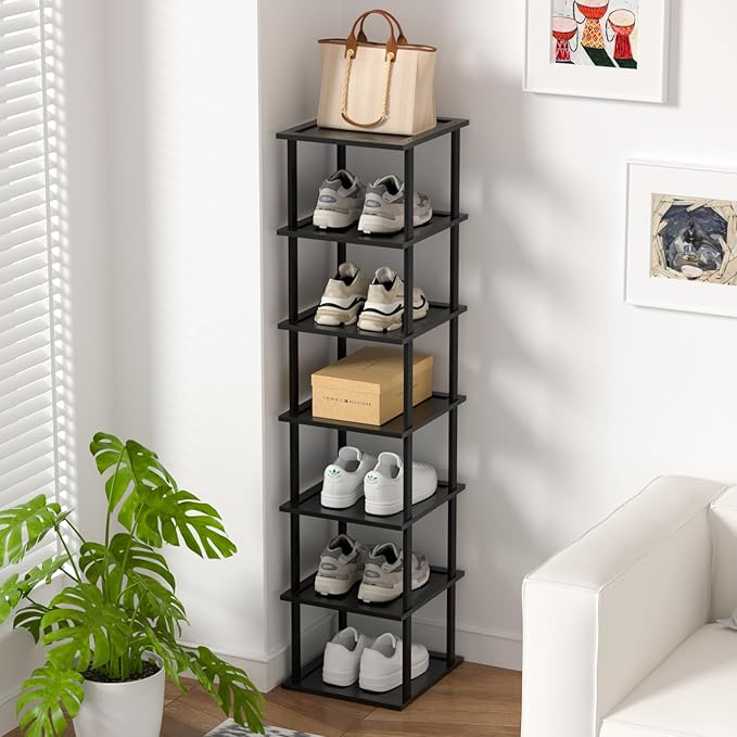 Bamboo Free Standing Shoe Rack Shelf Multi Tier Tall Wooden Stackable Shoes Rack Organizer for Closet Front Door Entrance Narrow Vertical Shoe Storage Rack for Corner Stand (Black, 7 Tiers)-NeatNest