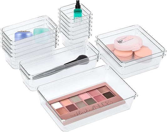 Clear Plastic Drawer Organizers Set - 16pack 5 Size Versatile Organizer Trays & storage Bins,Desk Drawer Organizer Trays,Organizers and Storage Bins for Makeup,Jewelry,Kitchen Utensils,Bathroom,Office