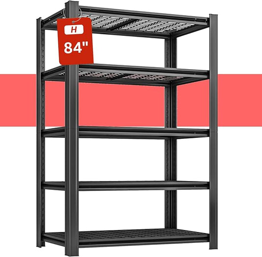 5 Tier Metal Garage Shelves, 84" H x 47.24" W x 24" D, 3000LBS Storage Heavy Duty Garage Shelving, Adjustable Shelving Unit for Warehouse, Basement, Kitchen, Store Display, Black-NeatNest