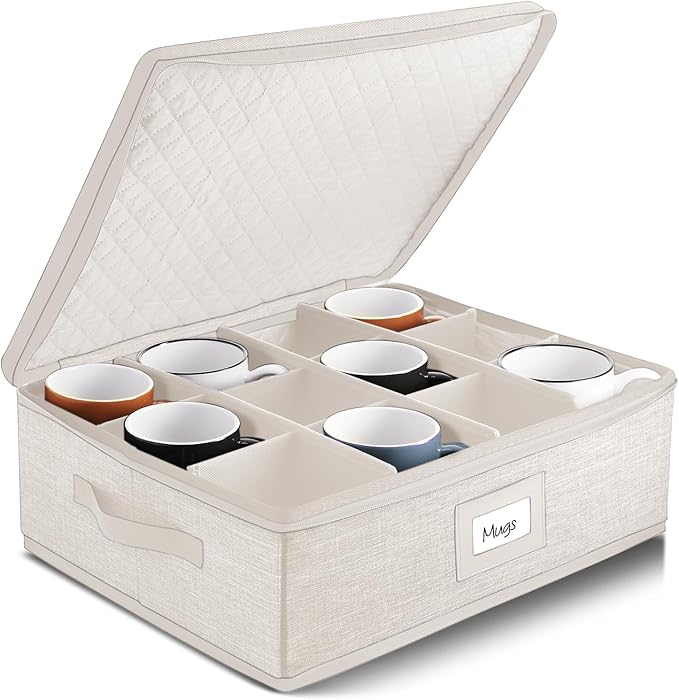 Hearth & Harbor Coffee Mug Storage, Quilted and Stackable Coffee Cup Storage Organizer for Service of 12, Mug Storage Box with Dividers, China Containers Hard Shell for Moving and Organization, Cream-NeatNest