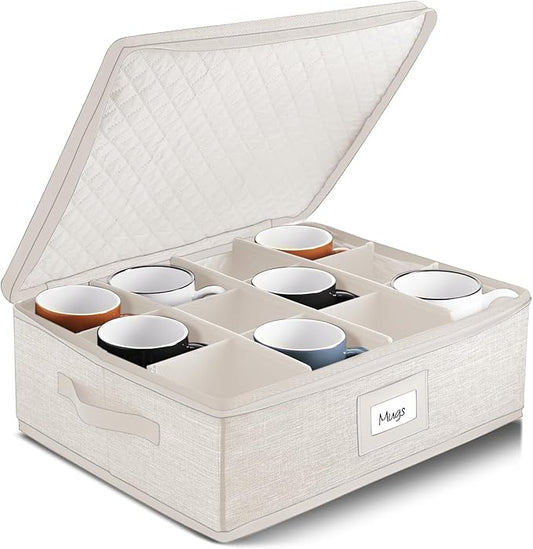 Hearth & Harbor Coffee Mug Storage, Quilted and Stackable Coffee Cup Storage Organizer for Service of 12, Mug Storage Box with Dividers, China Containers Hard Shell for Moving and Organization, Cream-NeatNest