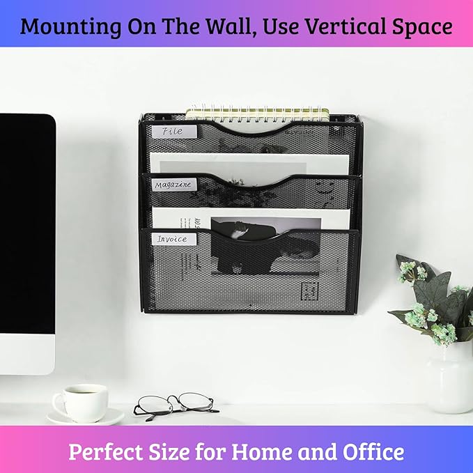 3 Pocket Wall File Holder Organizer, Mesh Hanging Wall Mounted Document Paper Folder Filing Magazine Rack with Nametag Label for Office Home School, 3 Tier Black