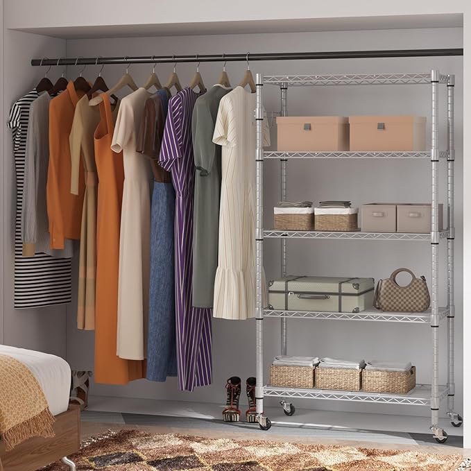 Homdox 5 Tier Adjustable Rolling Storage Shelves, Heavy Duty Wire Racks and Shelving, Metal Shelves for with Side Hooks Pantry Closet Kitchen Garage Organization, Silver Gray-NeatNest