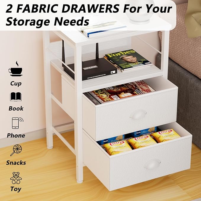 Furologee Nightstands Set of 2, End Table with 2 Fabric Drawers, Night Stand with 2 Hooks, Open Wood Shelf Bedside Table for Bedroom/Living Room/White
