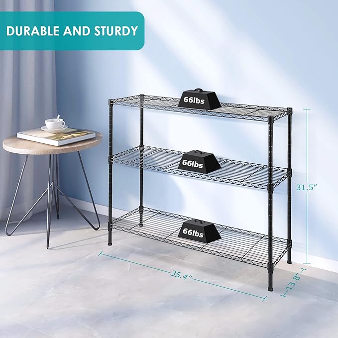 3-Tier Wire Shelving Unit, Adjustable Metal Wire Shelves with NSF Certified, Standing Storage Shelf Unit for Laundry, Bathroom, Kitchen, Pantry, Closet (13.7" D x 35.5" W x 31.5" H, Black)