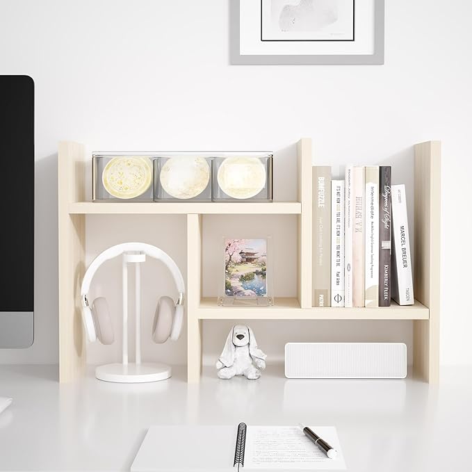 Jerry & Maggie Desktop Organizer Office Storage Rack Adjustable Wood Display Shelf Free Style Double H, Multi-Functional Mini Bookshelf for Desk Natural Stand (White Wood Tone)-NeatNest
