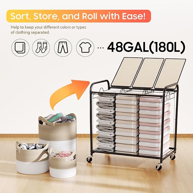 180L (47.55 Gal) Laundry Sorter 3 Section, Rolling Laundry Basket with Lockable Wheels and Lid, Laundry Hamper with 3 Separated Removable Bags Dirty Clothes Hamper for Laundry Room Organizer, White-NeatNest