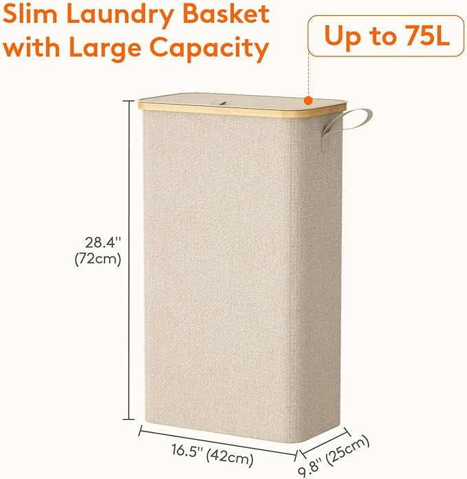 Lifewit 75L Slim Laundry Hamper with Lid, Narrow Laundry Basket with Removable Bag & Bamboo Handles, Fodable Thin Dirty Clothes Hamper for Laundry Collapsible Bin for Bathroom Bedroom Dorm, Beige-NeatNest