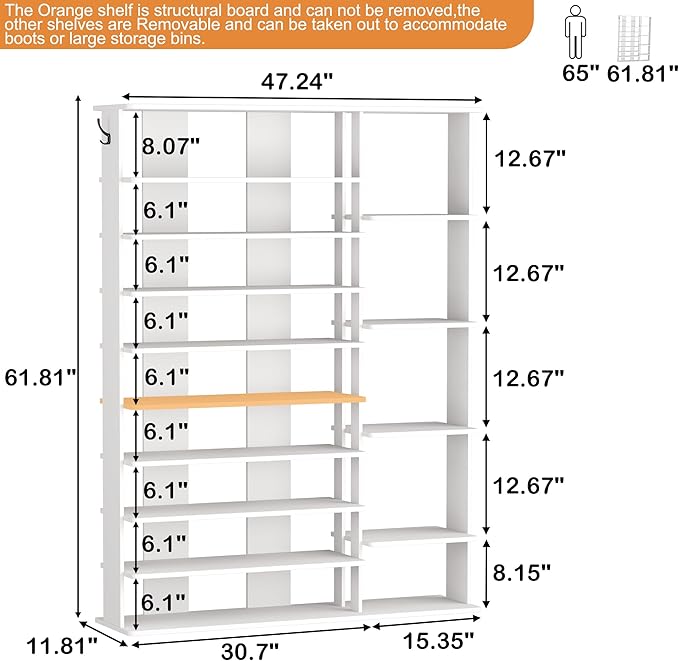 HOMEFORT 10 Tiers Shoe Rack, 50 Pairs Large Shoe Shelf, 61.8" Tall Shoe Tower, Freestanding Shoe Rack Organizer with Open Shelves, Wood Shoe Stand for Boot Storage, for Closet, Entryway, White-NeatNest